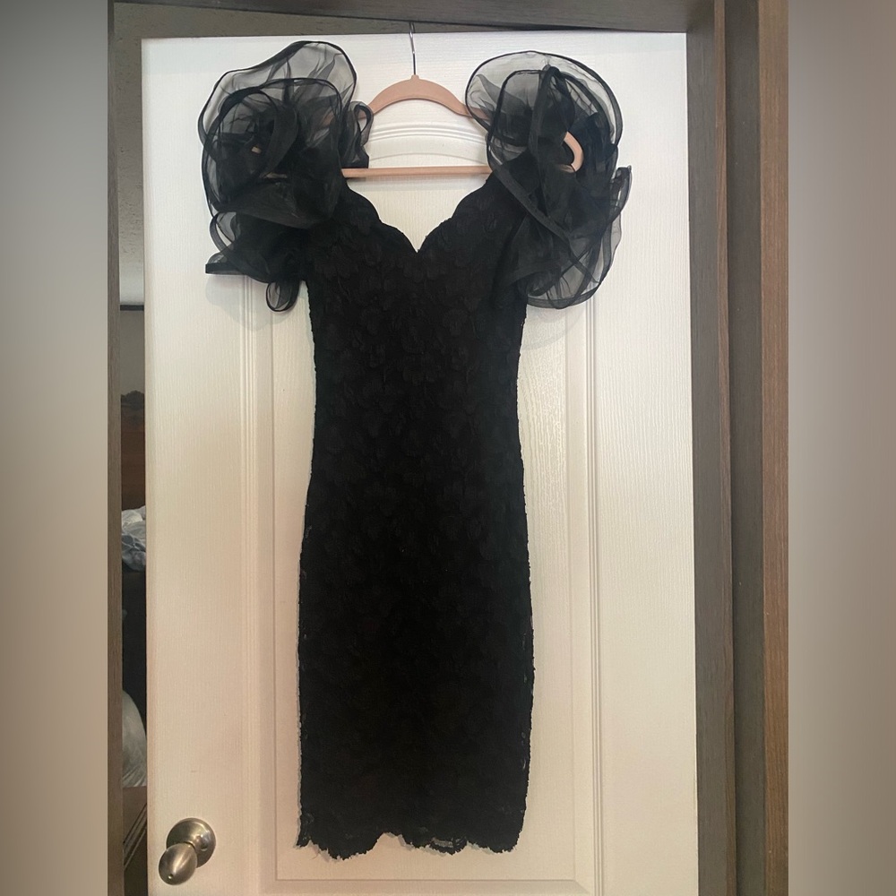 Molly Malloy Black Lace Dress with Large Tulle Ruffled Sleeves. Size 4.